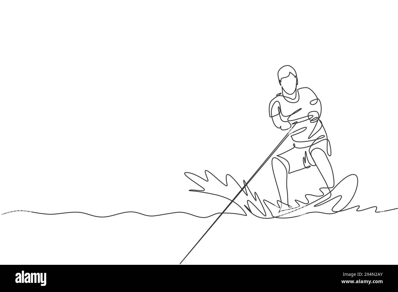 Un disegno continuo di un giovane uomo energico che gioca a wakeboard nell'oceano. Stile di vita sano e sportivo. Felice vacanza turistica. Diam Illustrazione Vettoriale