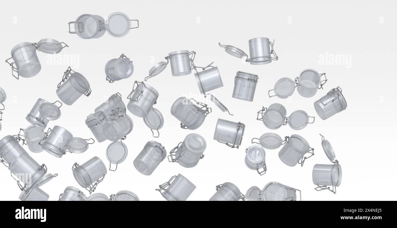 Molti vasi di vetro volante per chicchi di caffè isolati su sfondo bianco. Rappresentazione 3D del concetto di preparazione del caffè e caffè naturale di fattoria Foto Stock