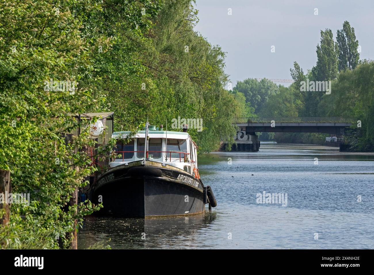 Barca, alberi, ponte, Veringkanal, Wilhelmsburg, Amburgo, Germania Foto Stock