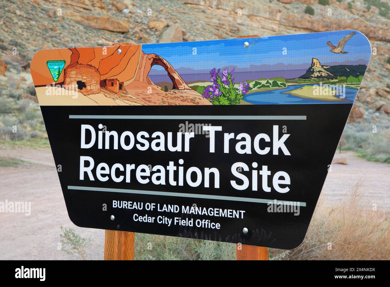 Cartello d'ingresso, Dinosaur Track Recreation Site, Cedar City Bureau of Land Management, Utah Foto Stock