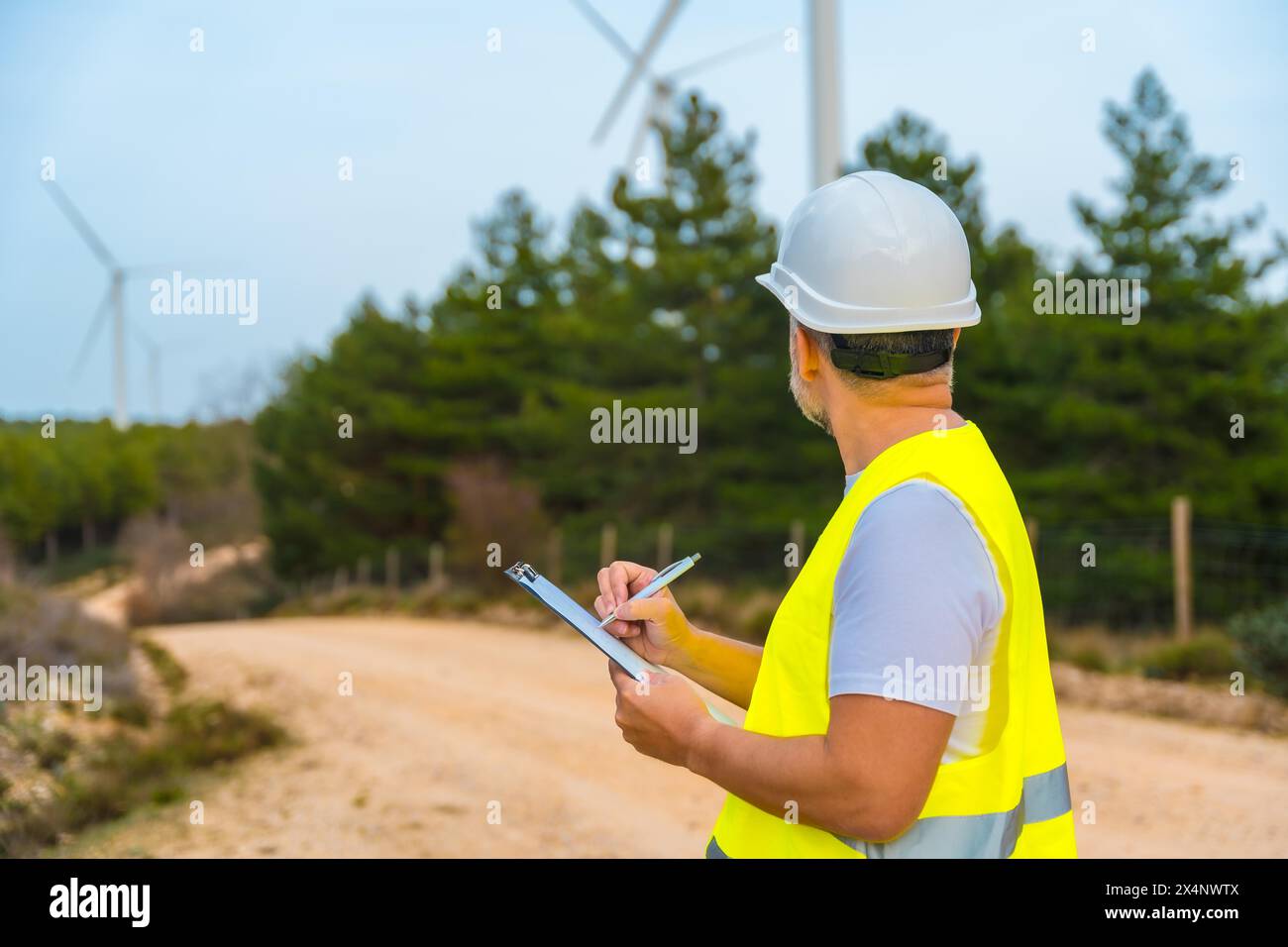 Vista posteriore di un ingegnere maturo maschio che scrive appunti che ispezionano le turbine eoliche in un parco di energia verde Foto Stock