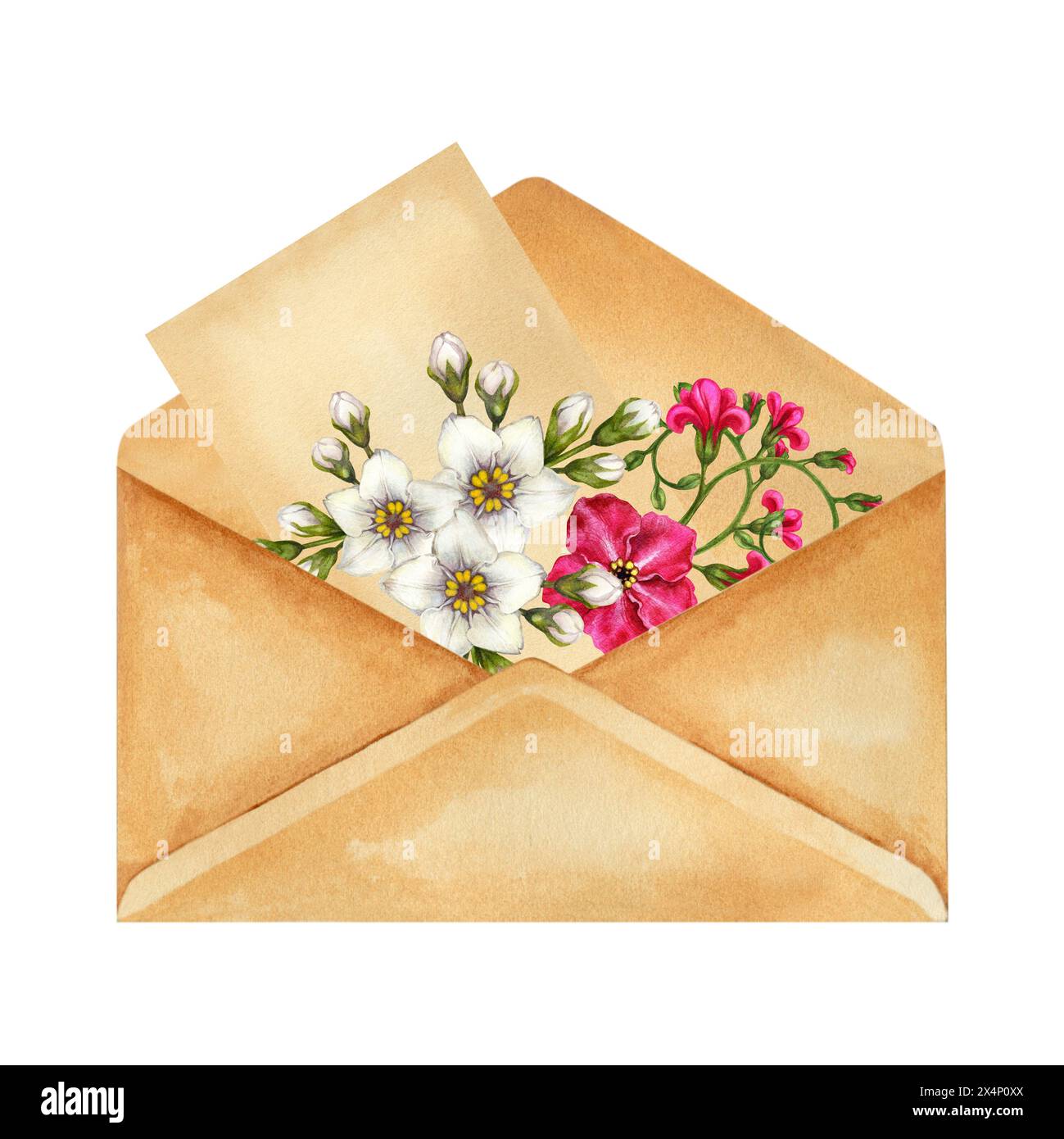 Fiori e vecchie buste postali in carta pergamena beige da un set di scrittura vintage. Illustrazione acquerello per un modello per Book Day, Histor Foto Stock