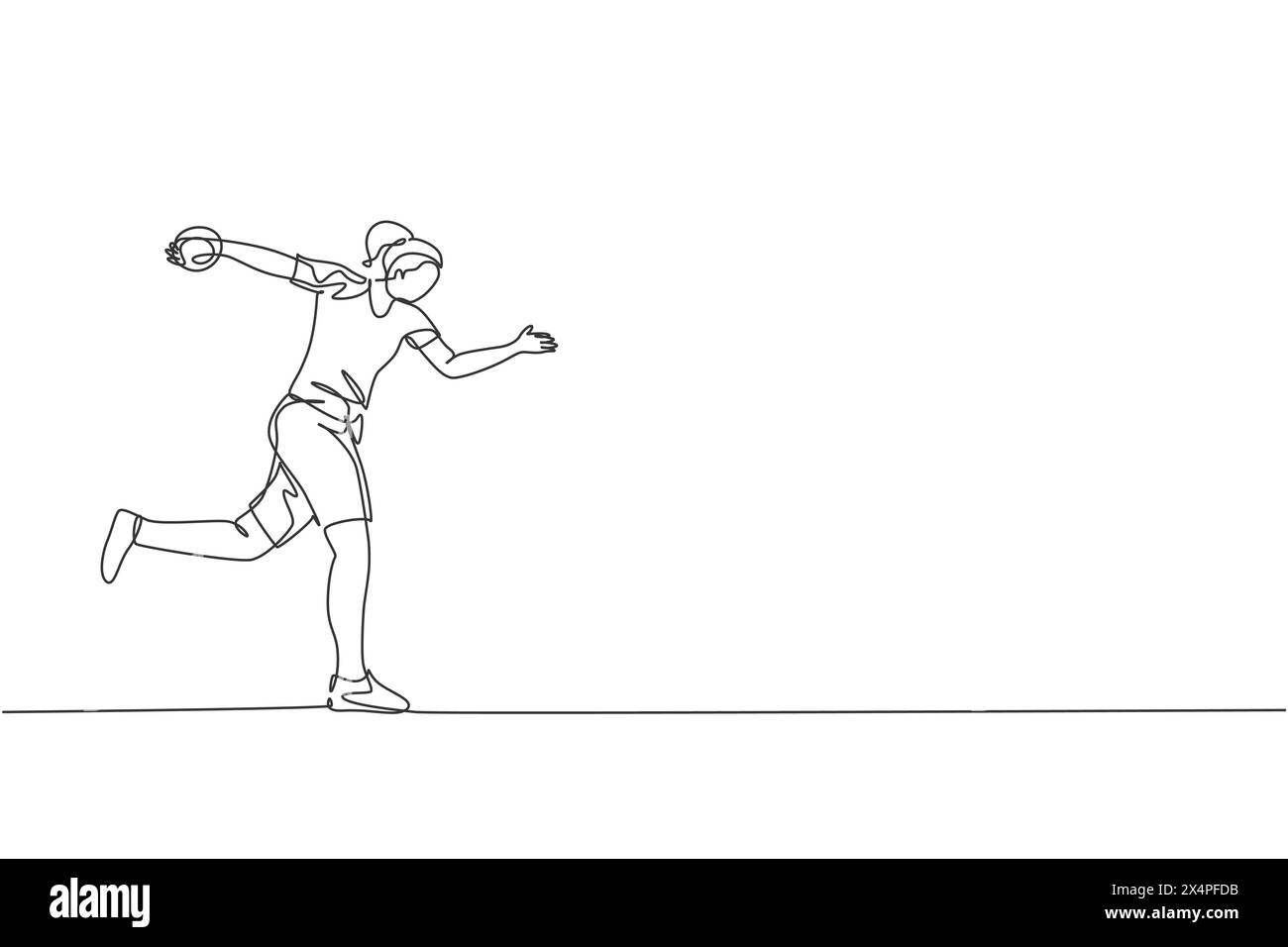 Un'unica linea di disegno di una giovane donna energica che fa esercizio per lanciare con forza il disco nell'illustrazione vettoriale di terra sul campo. Stile di vita sano atletico Illustrazione Vettoriale