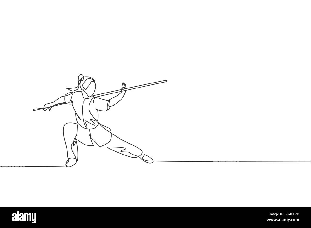 Singola linea continua disegno di giovane donna wushu combattente, maestro di kung fu in treno uniforme con personale lungo al centro dojo. Concetto di gara di lotta. Illustrazione Vettoriale