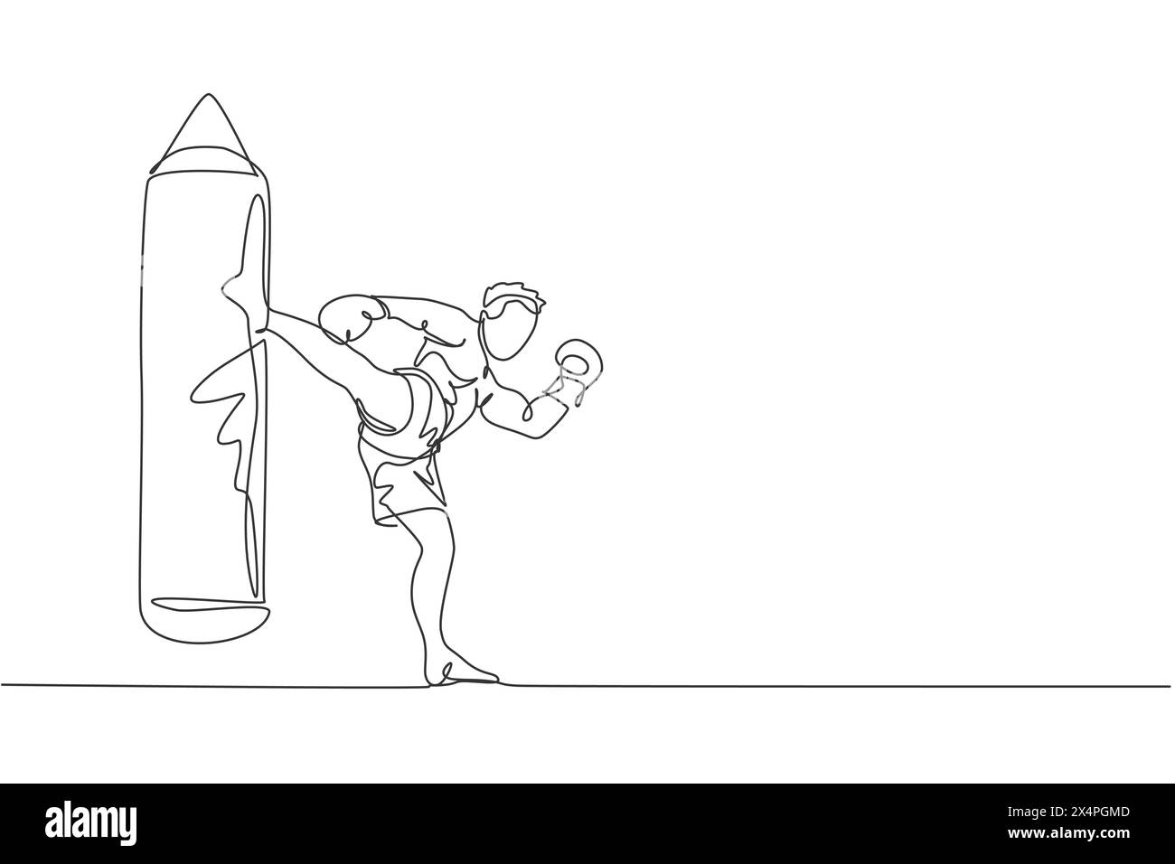 Un disegno su una sola linea di un giovane energico kickboxer che pratica calci alti con un sacchetto di pugno nell'illustrazione vettoriale dell'arena di pugilato. Stile di vita sano s Illustrazione Vettoriale