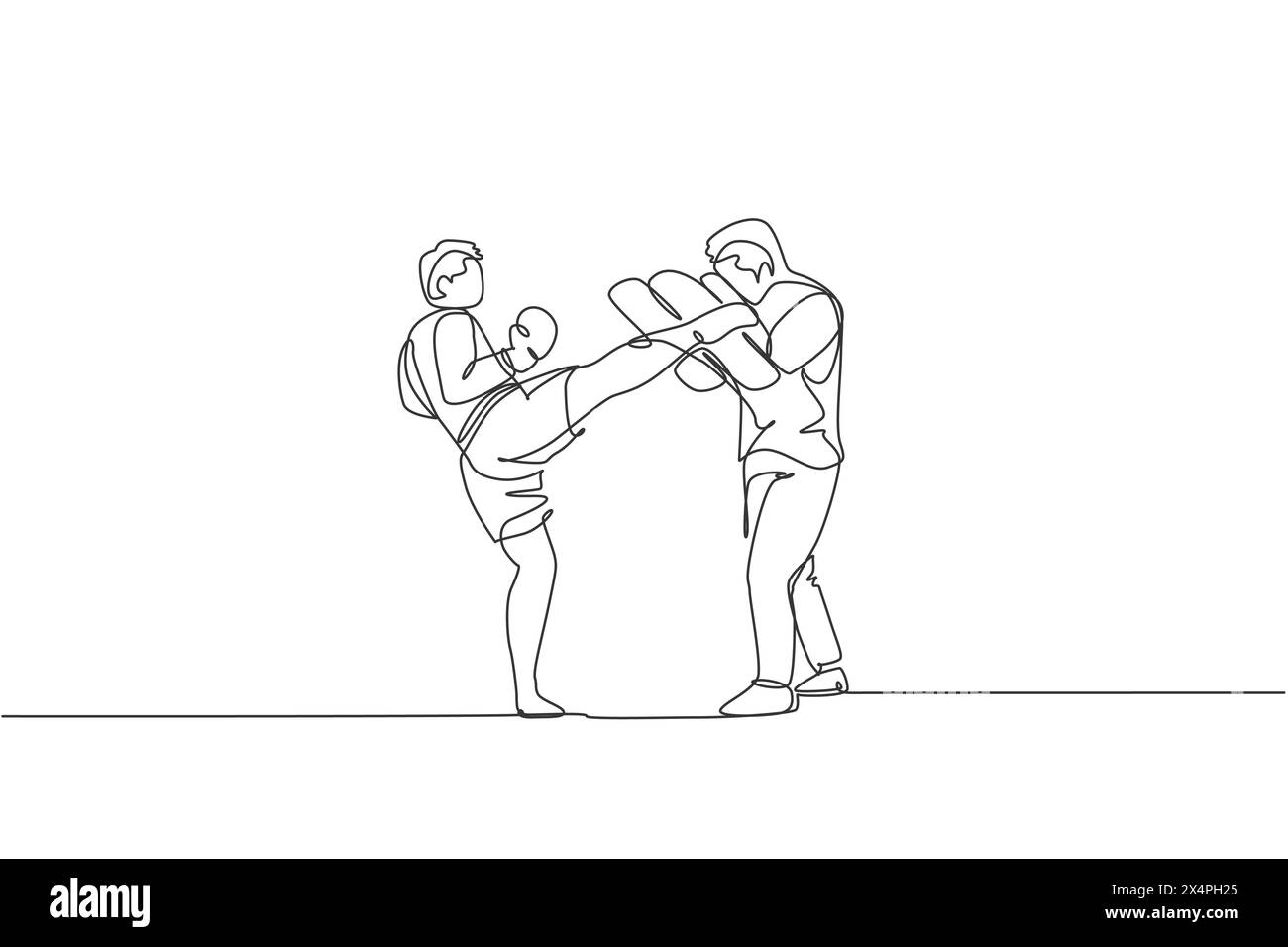 Disegno a linea singola continua di un giovane atleta kickboxer con personal trainer e punch bag nella palestra. Combatti il kickboxing sport conc Illustrazione Vettoriale