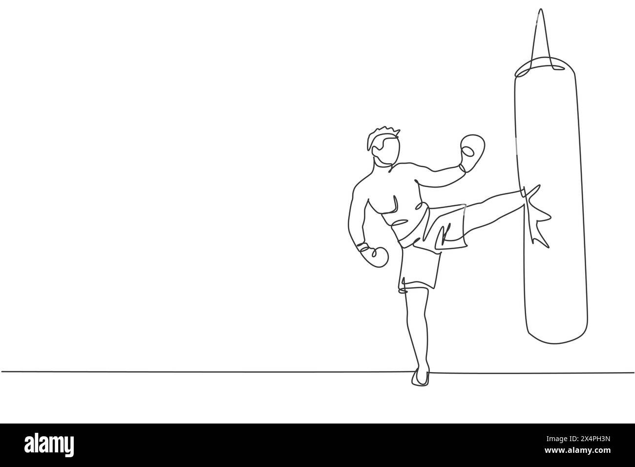Disegno a linea singola continua di un giovane uomo sportivo kickboxer allenamento laterale con punch bag nella palestra. Combatti lo sport di kickboxing Illustrazione Vettoriale