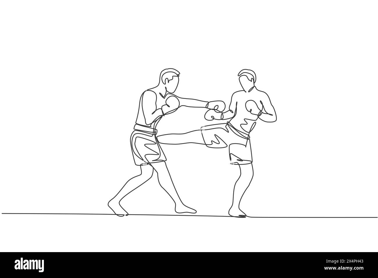 Un disegno su una sola linea di un giovane energico kickboxer che combatte in un torneo locale all'arena di boxe grafica vettoriale. Stile di vita sano s Illustrazione Vettoriale