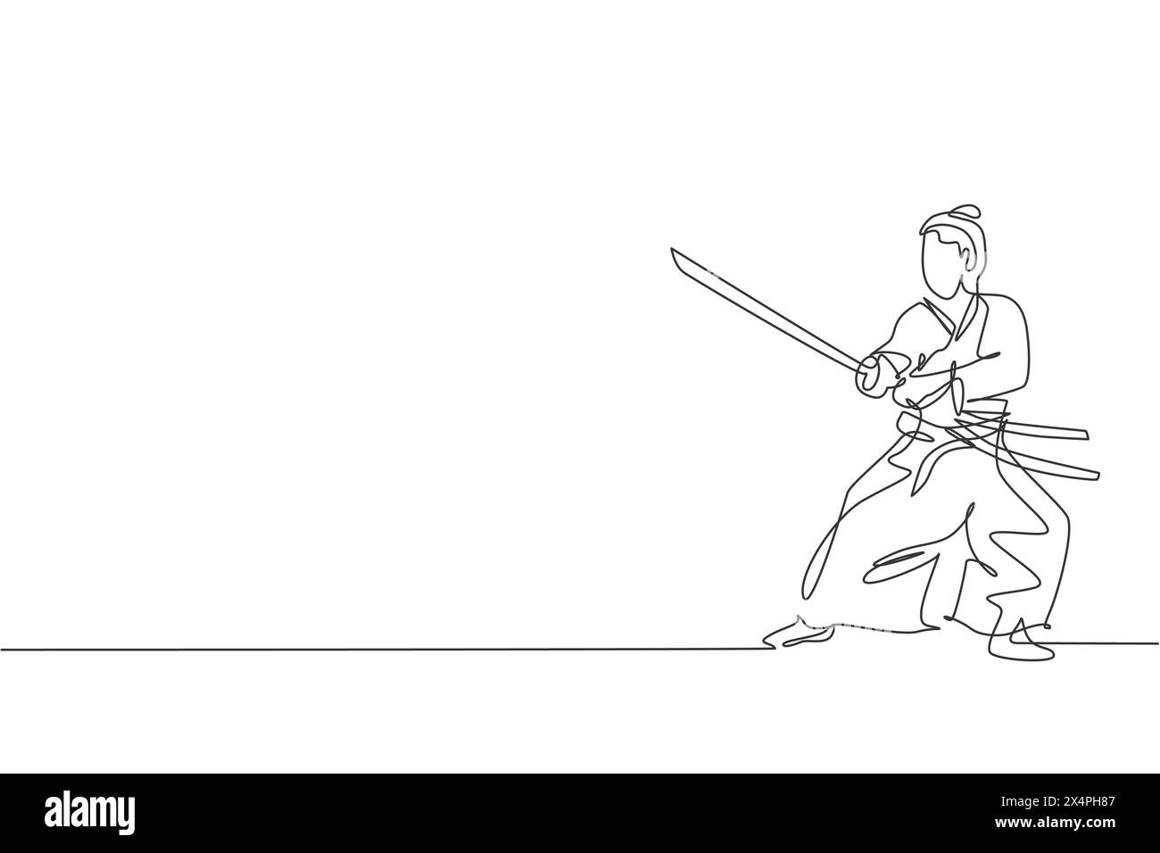 Disegno a linea continua di un giovane e forte guerriero samurai che indossa la tradizionale uniforme e tiene la spada al festival. Antico concetto di combattente soldato. Illustrazione Vettoriale