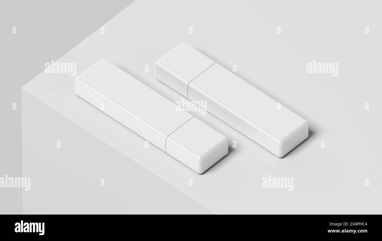Pendrive. Isolato su sfondo bianco. Unità flash USB. Dispositivo di memorizzazione dati. Unità penna. Espositore. Mockup. Vuoto. illustrazione 3d. Foto Stock