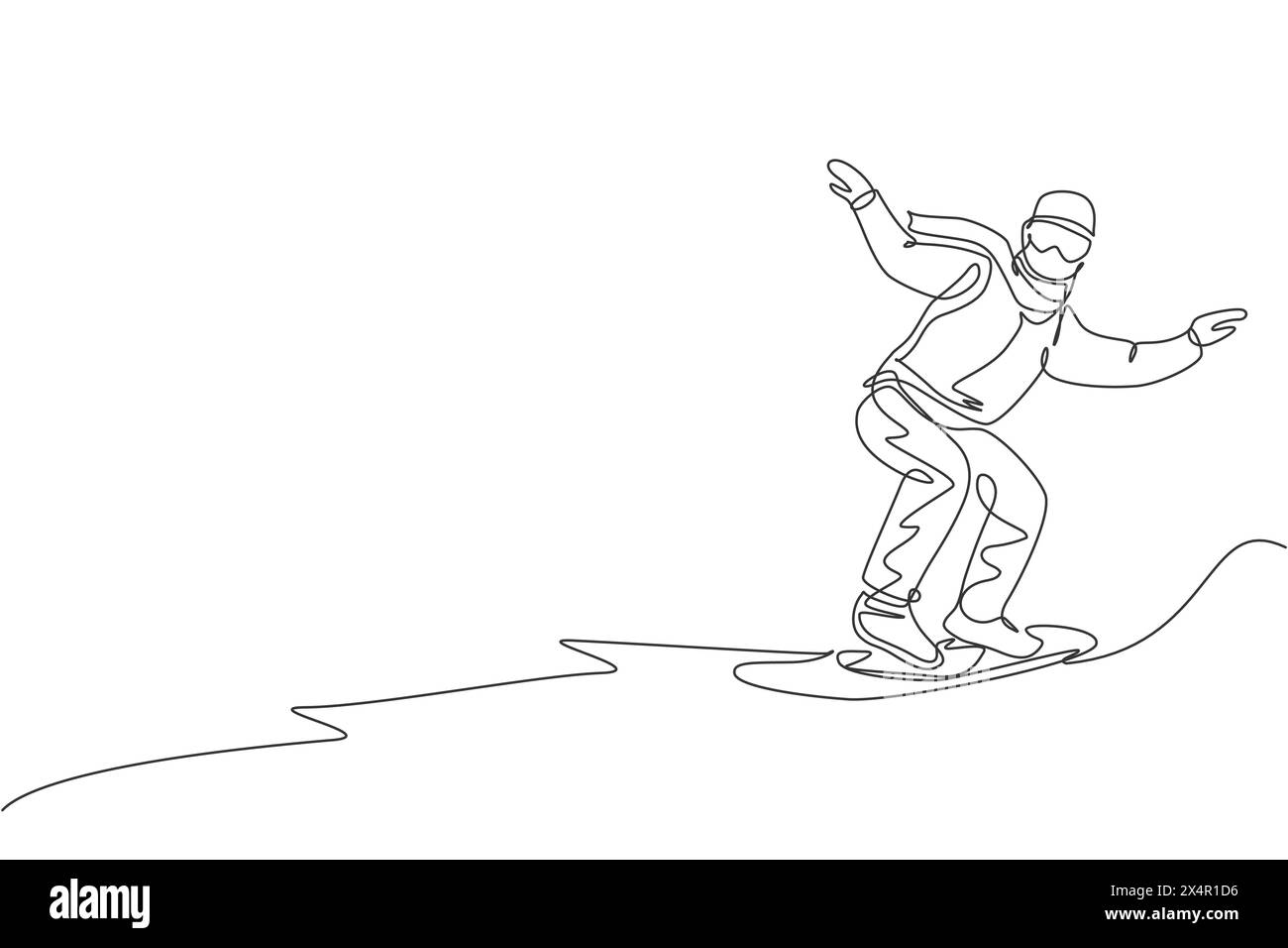 Una sola linea che attira giovani e energici snowboarder, cavalca lo snowboard veloce su un'illustrazione vettoriale di montagna innevata. Stile di vita per le vacanze turistiche Illustrazione Vettoriale