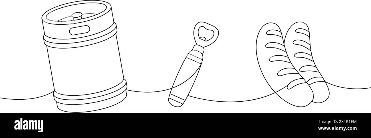 Il birrificio imposta un disegno continuo di una linea. Barile di birra in metallo, apribottiglie, salsicce fritte illustrazione continua su una linea. Illustrazione lineare vettoriale. Illustrazione Vettoriale