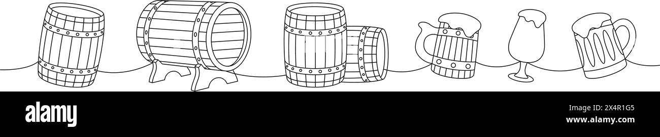 Set birra a una linea, disegno continuo. Vecchie botti di legno, tazze da birra, illustrazione continua su una linea. Illustrazione lineare vettoriale. Illustrazione Vettoriale