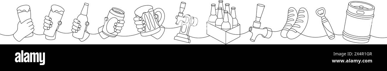 Il birrificio imposta un disegno continuo di una linea. Fusto in metallo, apribottiglie, salsicce, spillatore di birra, lattina, illustrazione continua di vetro, tazza, bottiglie su una linea. Illustrazione Vettoriale