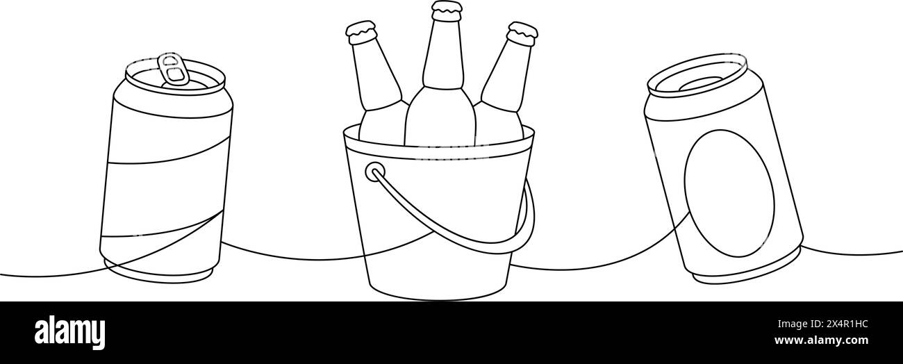 Elementi di birra disegno continuo su una linea. Lattine di birra, bottiglie in un secchio di ghiaccio, illustrazione continua di una riga. Illustrazione lineare vettoriale. Illustrazione Vettoriale