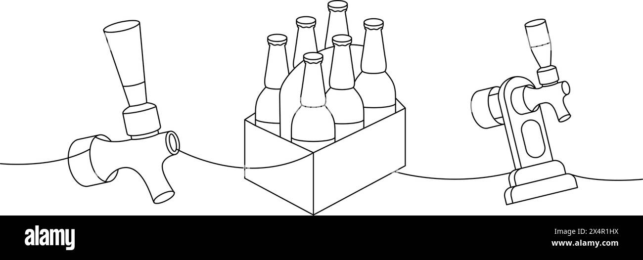Birra da pub a una linea, disegno continuo. Spillatore di birra, bottiglie continue a una riga. Illustrazione lineare vettoriale Illustrazione Vettoriale