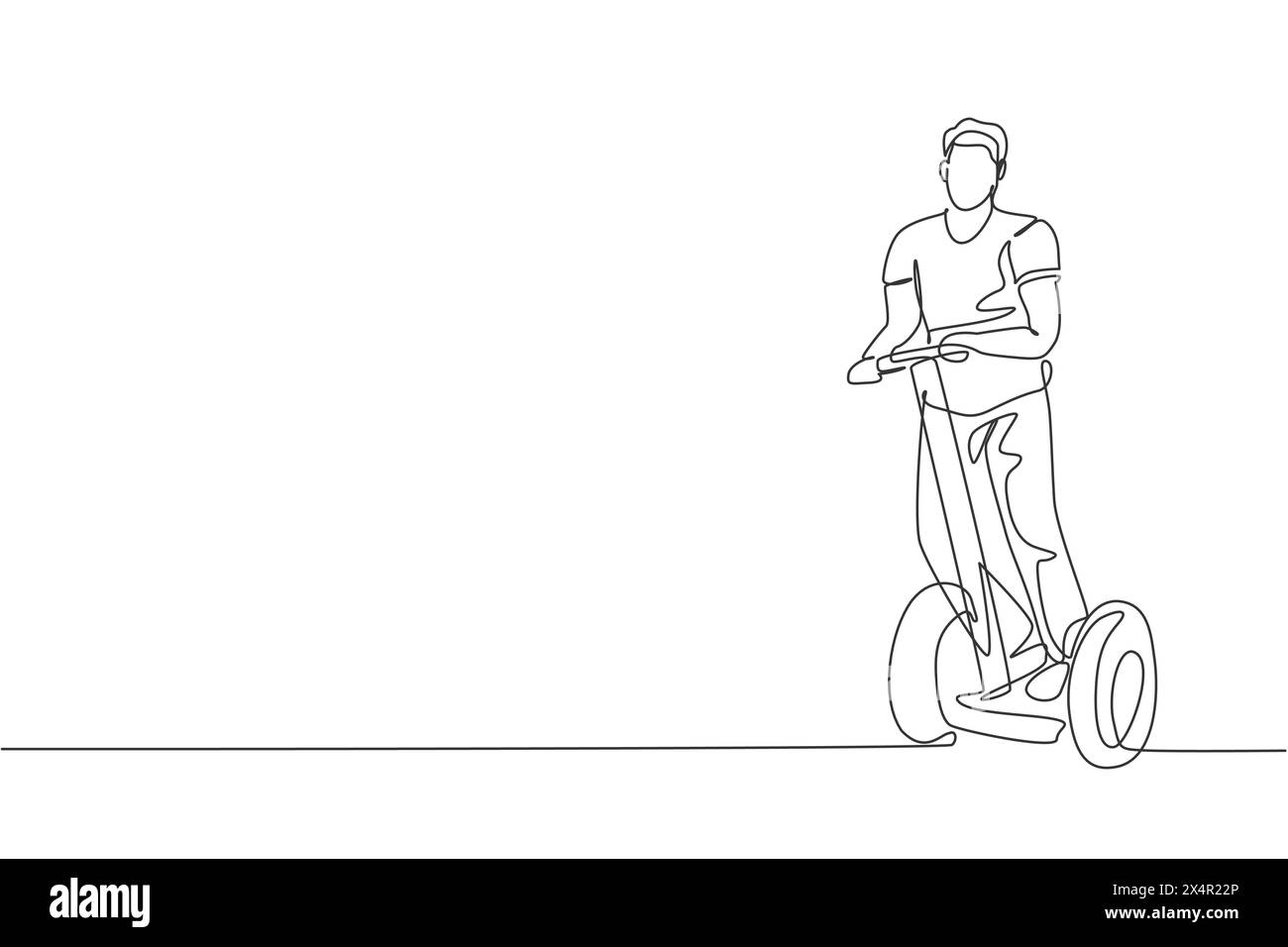 Linea singola continua che disegna un giovane uomo felice in sella a uno scooter nell'area pubblica. Trasporto ecologico. Concetto di stile di vita urbano. Alla moda Illustrazione Vettoriale