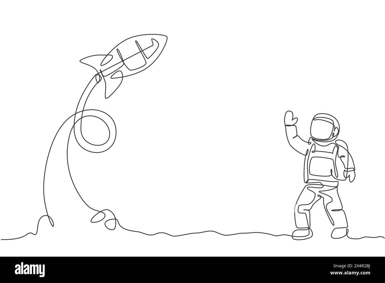 Un disegno continuo di astronauti spaziali, scienziati sulla terra lunare, che sventolano mano per decollare un razzo. Esplorazione cosmonauta del concetto dello spazio. D Illustrazione Vettoriale