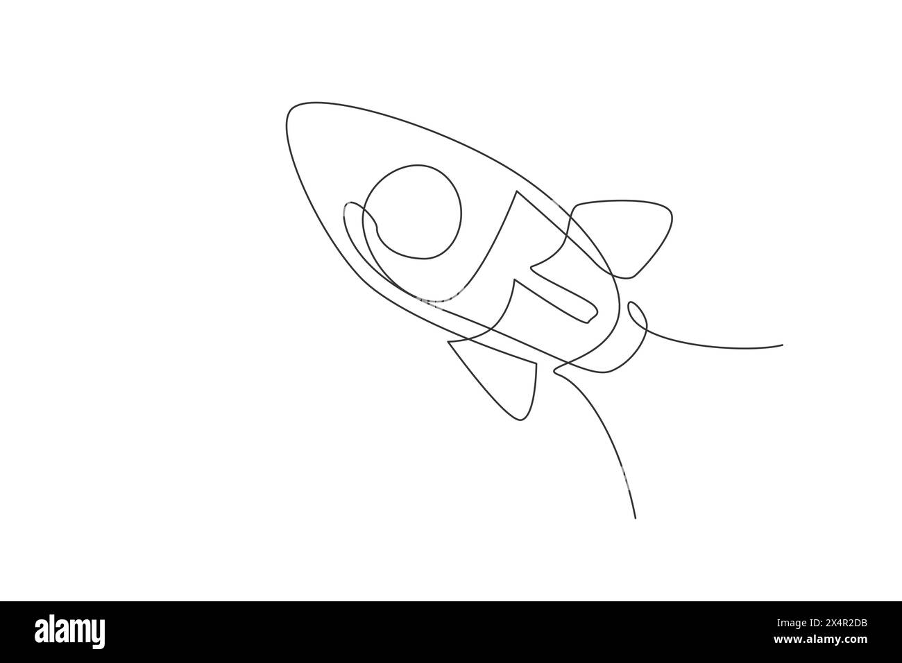Un singolo lancio di razzi a linea continua vola nell'universo del cielo. Navicella spaziale d'epoca. Concetto di veicolo spaziale dal design retrò semplice. Tendenza Illustrazione Vettoriale