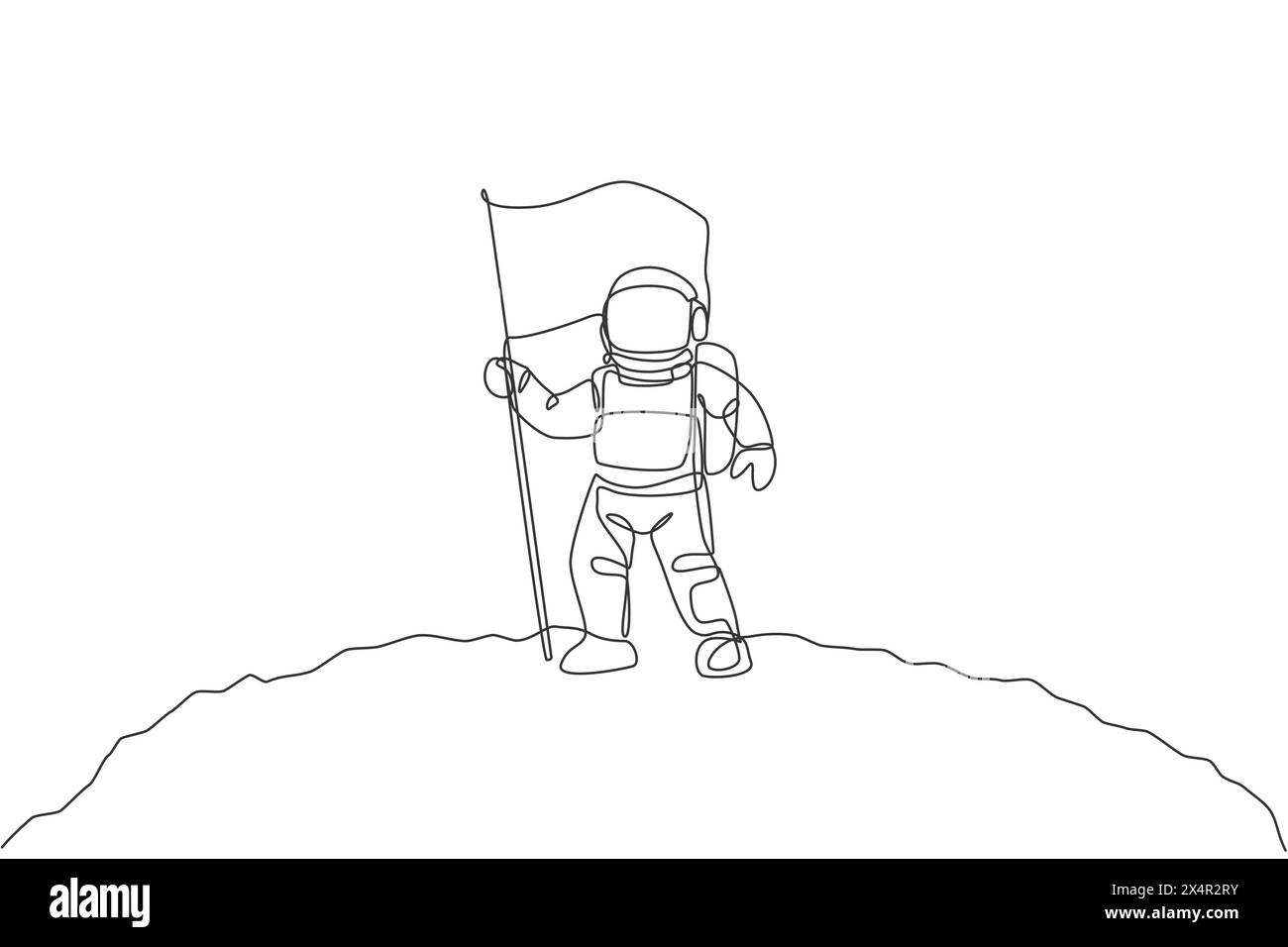 Un disegno su una sola linea dell'astronauta spaziale che esplora la superficie lunare e posiziona la bandiera per contrassegnarla come illustrazione vettoriale. Fantasy Outer Space Life f Illustrazione Vettoriale Un disegno su una sola linea dell'astronauta spaziale che esplora la superficie lunare e posiziona la bandiera per contrassegnarla come illustrazione vettoriale. Fantasy Outer Space Life f Illustrazione Vettoriale