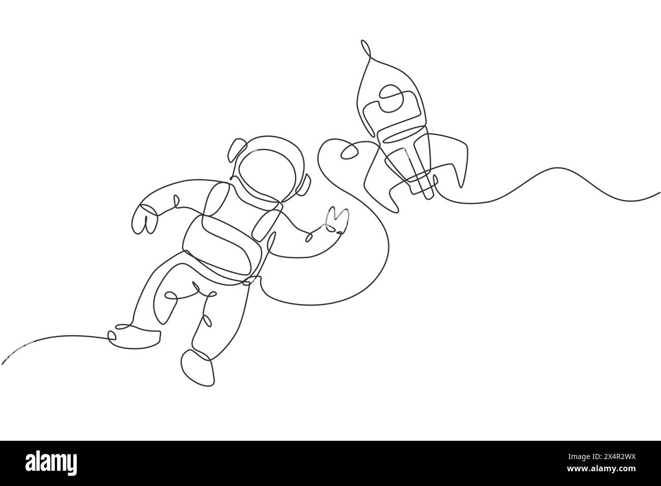 Un disegno su una sola linea di astronauta in tuta spaziale che galleggia e scopre lo spazio profondo con l'illustrazione vettoriale della navicella spaziale a razzo. Esplorando lo spazio Illustrazione Vettoriale