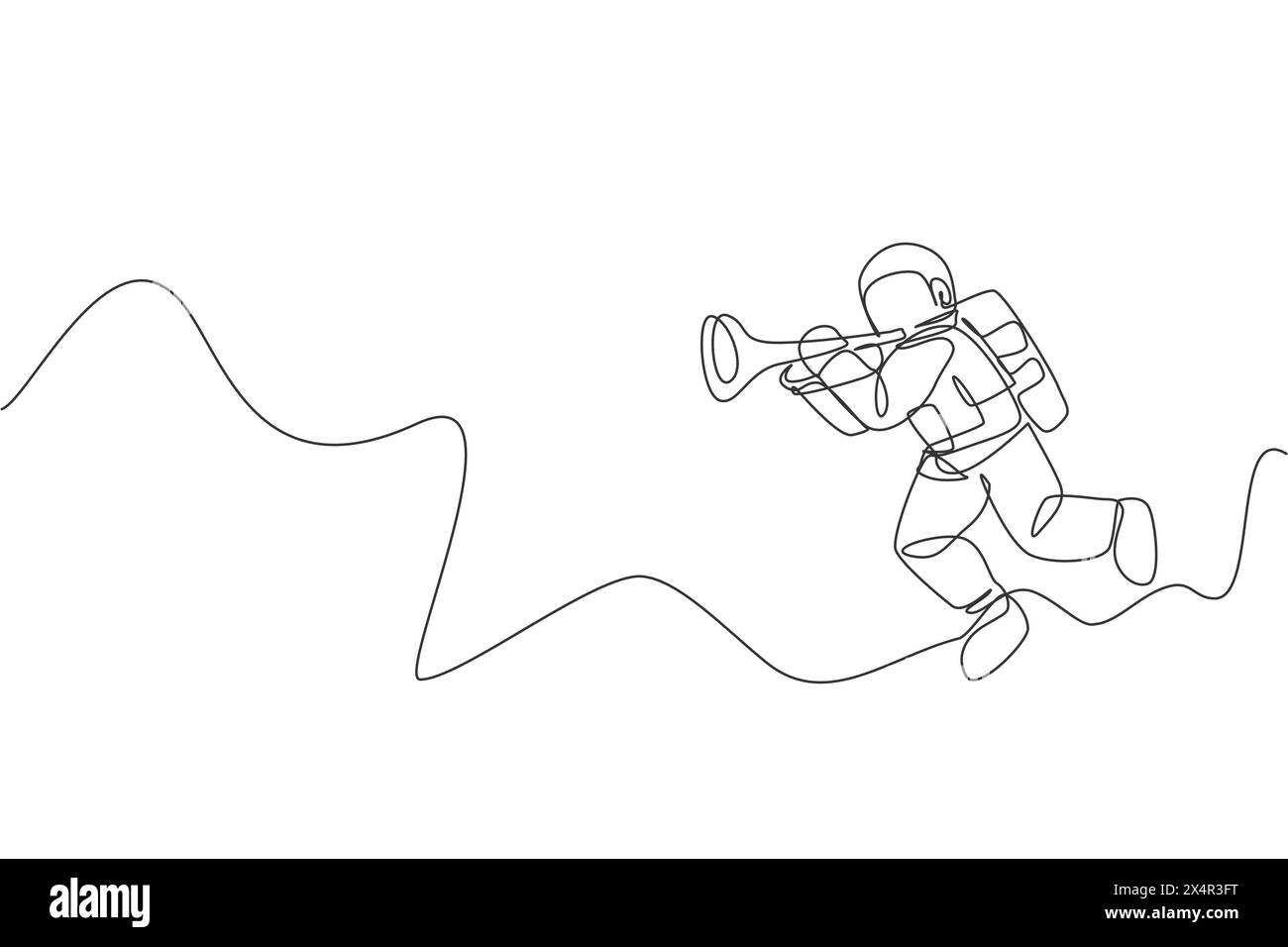 Un disegno continuo di astronauta con tuta spaziale che gioca a tromba nell'universo galassico. Concerto di musica spaziale e concetto di orchestra. Dinamica S Illustrazione Vettoriale