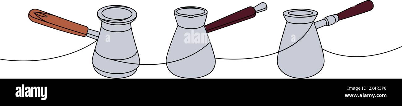 Caffettiere turche a una linea colorata, disegno continuo. Elementi disegnati a mano per il menu' da caffe' e caffetteria. Illustrazione lineare vettoriale. Illustrazione Vettoriale