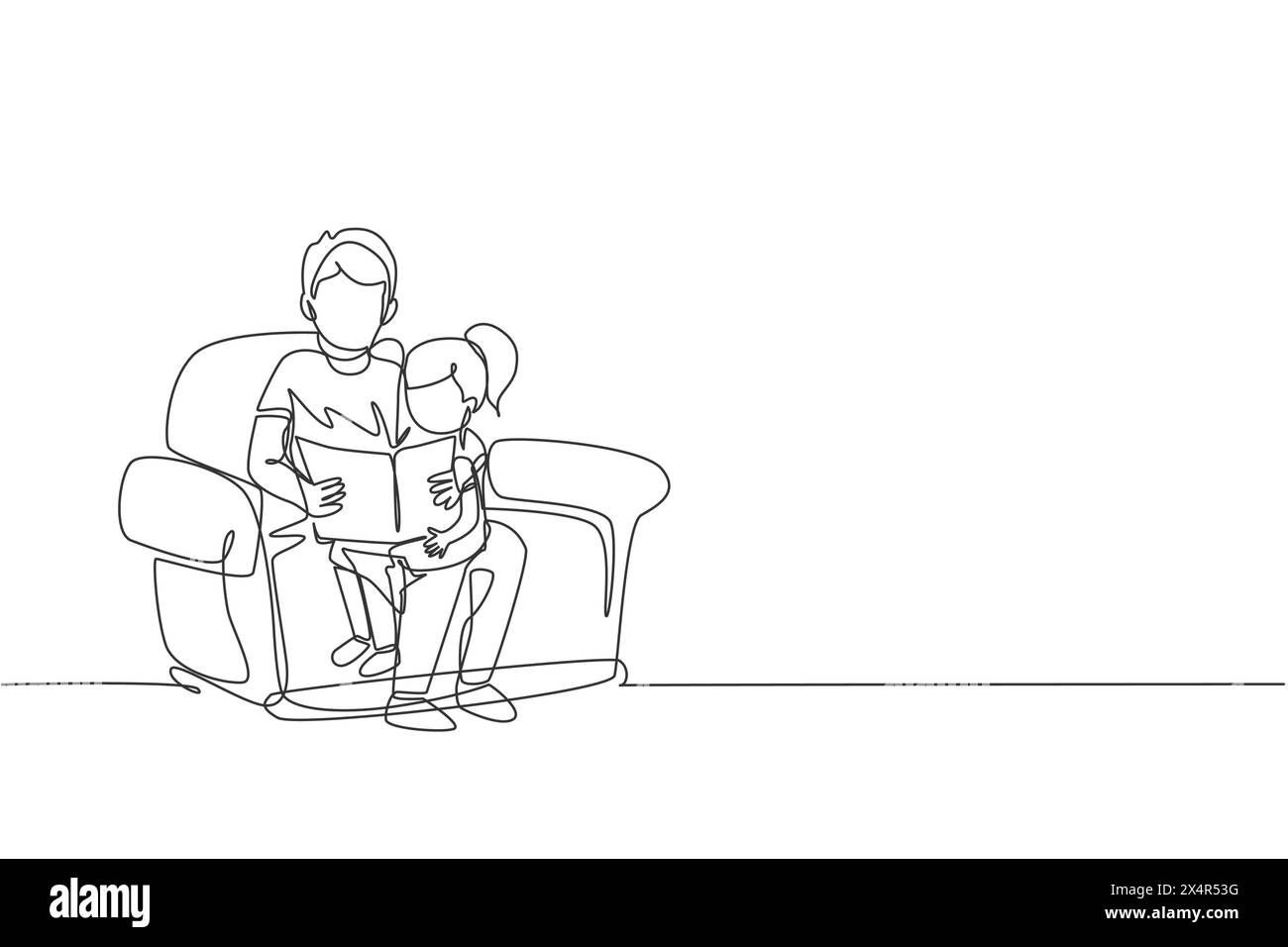Una linea continua che attira il giovane padre seduto sul divano e leggendo un libro di fiabe a sua figlia a casa, nella vita familiare. Un concetto di genitorialità felice. Si dinamico Illustrazione Vettoriale