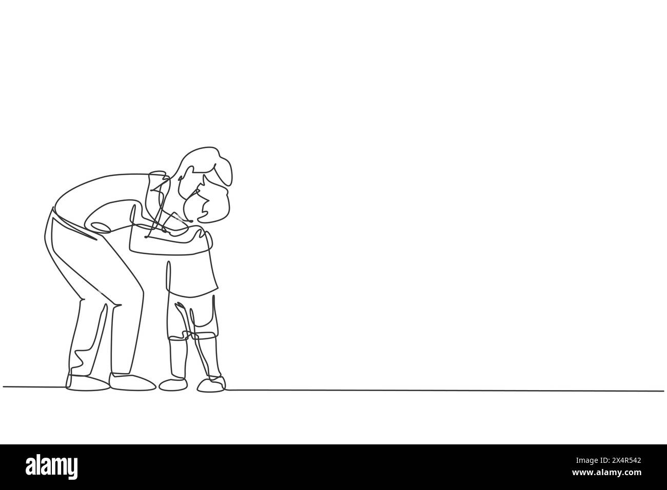 Un unico disegno continuo di un giovane padre che abbraccia suo figlio pieno di calore prima di andare a scuola, tempo di genitorialità. Concetto di genitorialità familiare. Alla moda Illustrazione Vettoriale