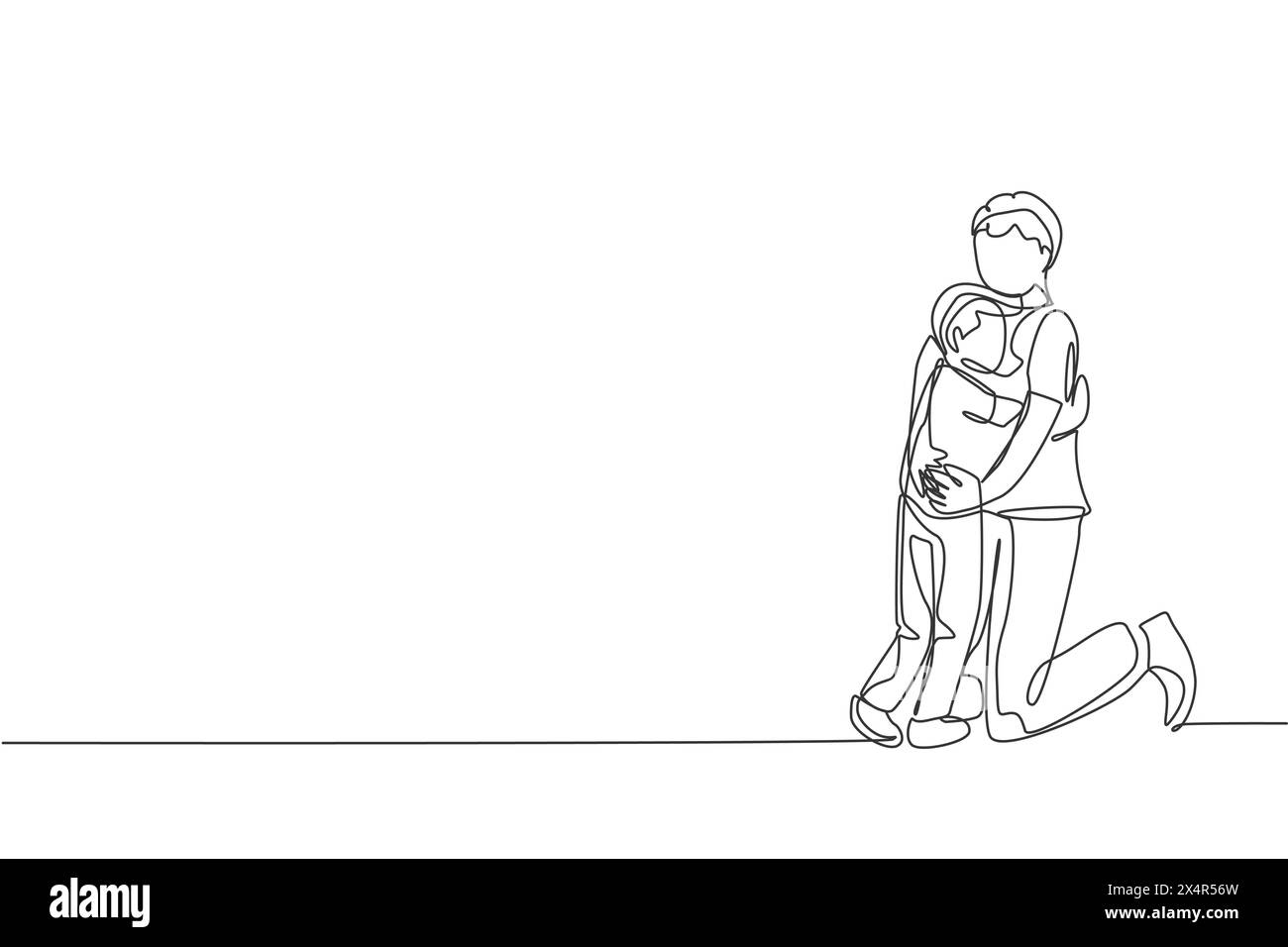 Un disegno su una sola linea del giovane papà felice che abbraccia il suo adorabile figlio pieno di calore a casa illustrazione vettoriale. Concetto di educazione genitoriale. Camera moderna Illustrazione Vettoriale