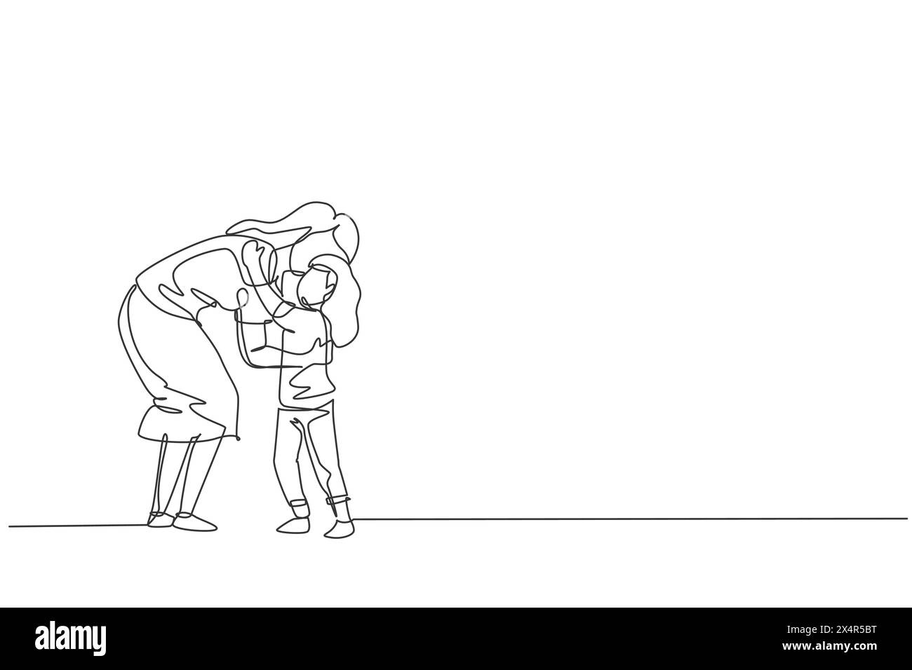 Un disegno su una sola riga di una giovane mamma che abbraccia sua figlia piena di calore prima di andare a scuola, illustrando i vettori dei genitori. Famiglia felice che gioca a toge Illustrazione Vettoriale