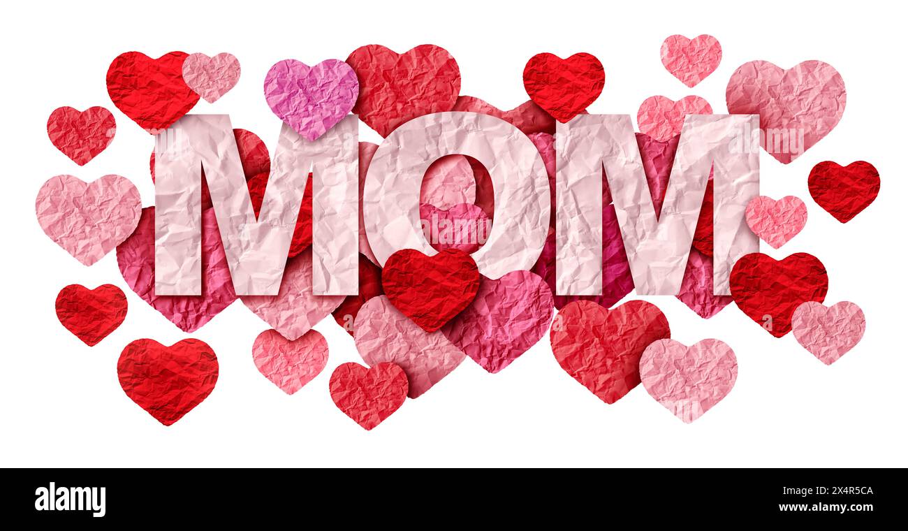 Buon giorno della mamma saluto e celebrazione per la famiglia e per la maternità o l'amore per la mamma con cuori fatti di carta artigianale. Foto Stock