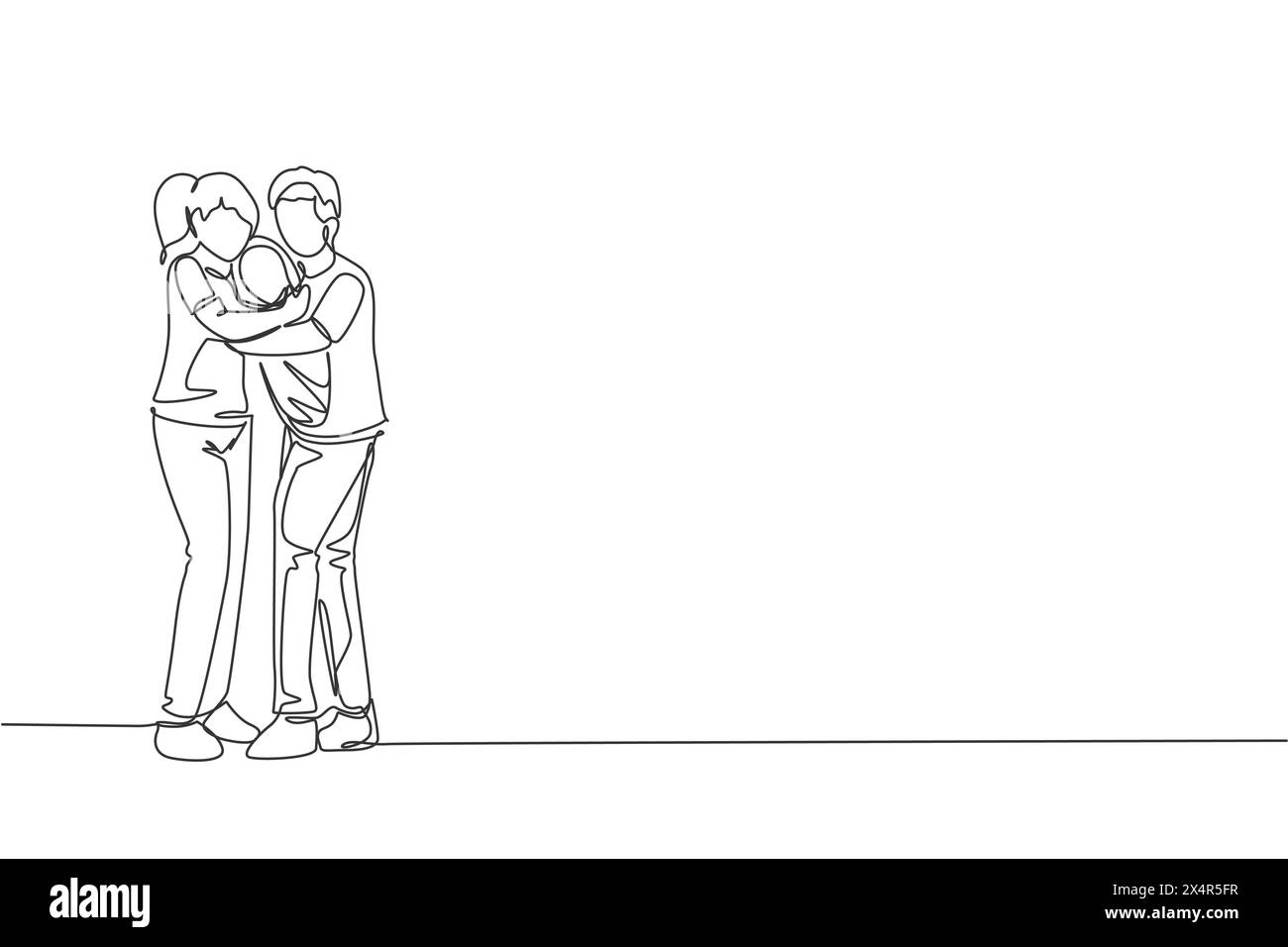 Un disegno su una sola linea di madre e padre felici che abbracciano insieme il loro bambino pieno di immagini vettoriali di calore. Educazione genitoriale c Illustrazione Vettoriale