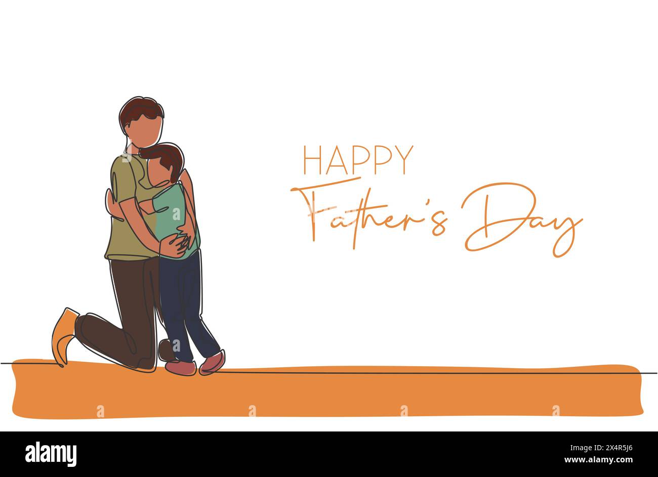 Un unico disegno continuo di un giovane padre che abbraccia suo figlio pieno di calore. Il concetto di festa del padre felice. Biglietto di auguri con tipografia. Uno alla moda Illustrazione Vettoriale