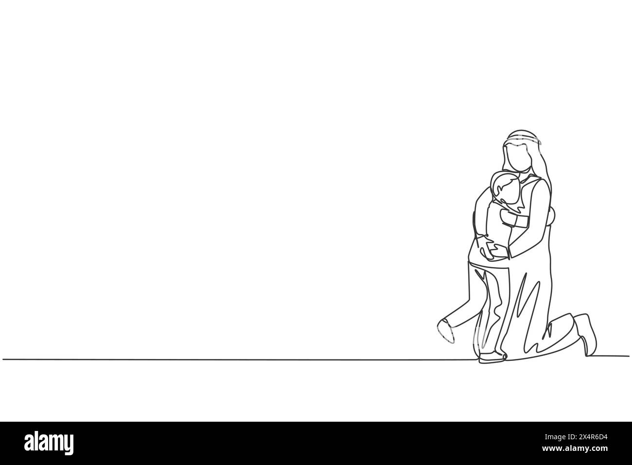 Un disegno su una sola linea del giovane padre arabo che gioca e abbraccia il figlio maschio pieno di illustrazione vettoriale del calore dell'amore. musulmano musulmano islamico famiglia felice genitore Illustrazione Vettoriale
