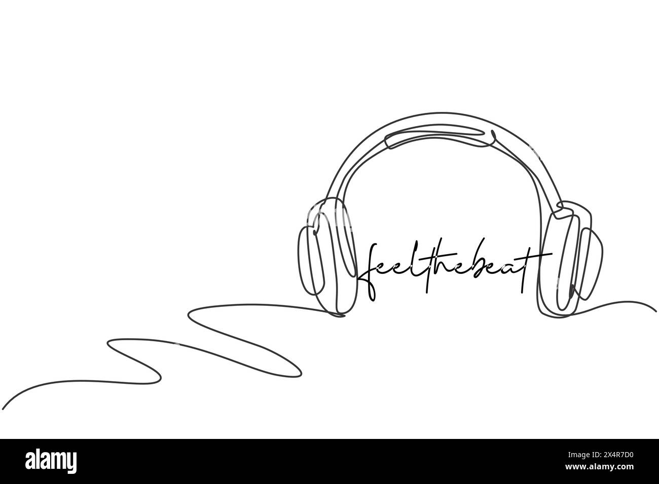 Disegno a linea singola continua della radio cuffia con etichetta con logo a filo lungo. Concetto dell'icona del logotipo dell'azienda audio musicale. Grafica moderna a una linea Illustrazione Vettoriale