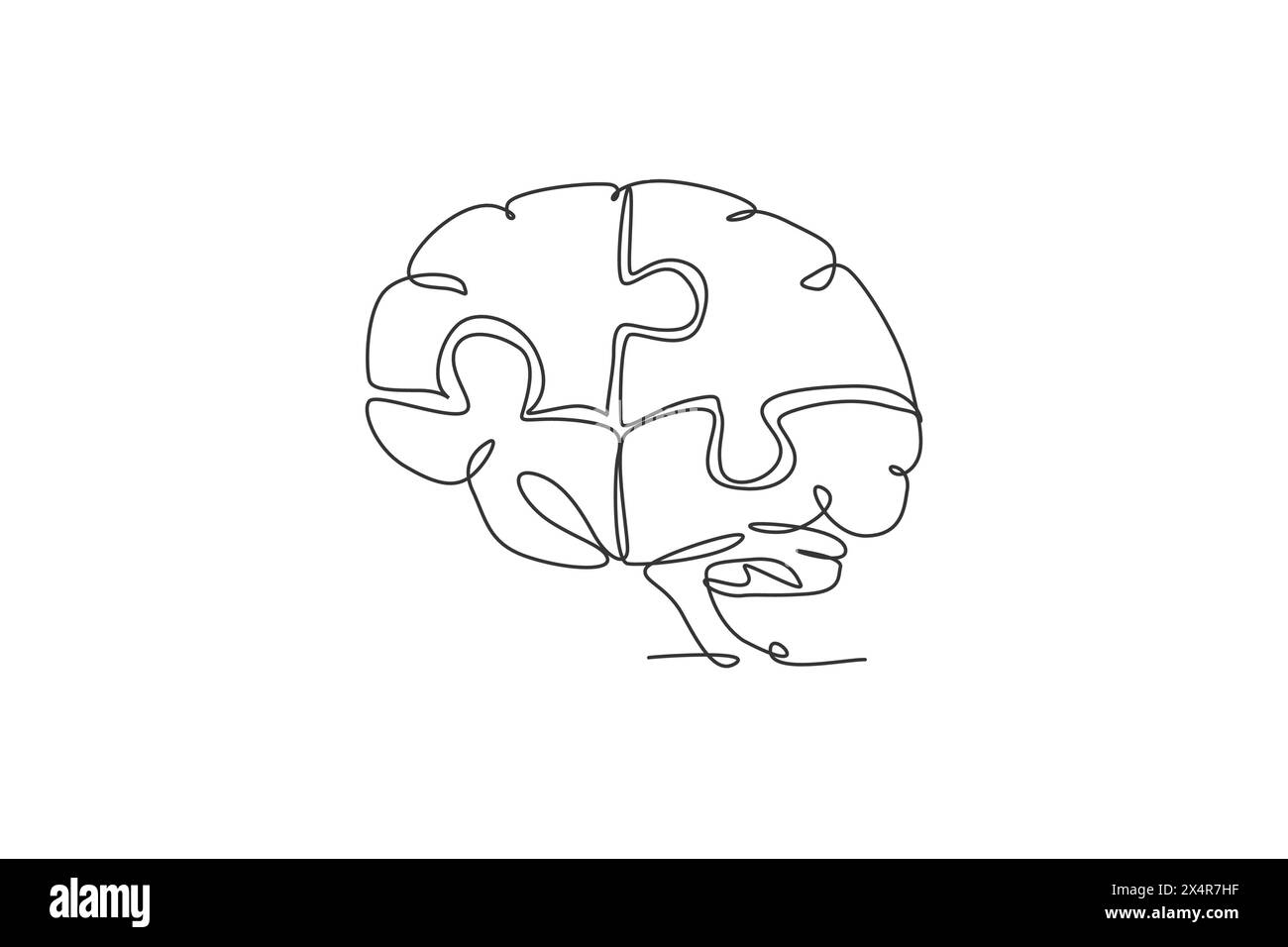 Un disegno di una sola linea del cervello umano che si forma da pezzi di puzzle con l'identità del logo. Ufficio psicologico per trovare il concetto di logotipo icona della personalità. C Illustrazione Vettoriale