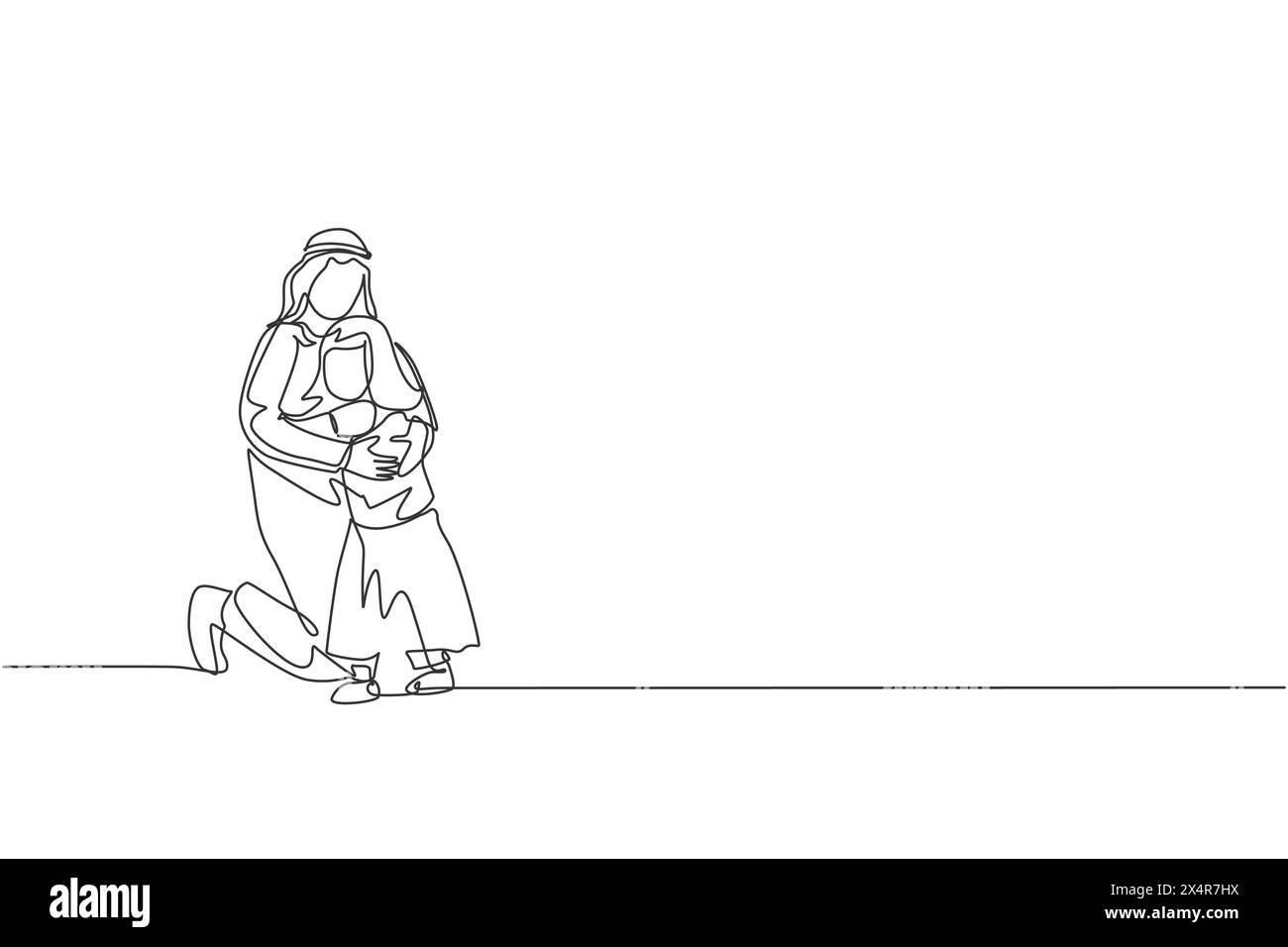 Un disegno su una sola riga di un giovane padre arabo felice che abbraccia sua figlia piena di amore e calore illustrazione vettoriale. Famiglia felice musulmana paren Illustrazione Vettoriale