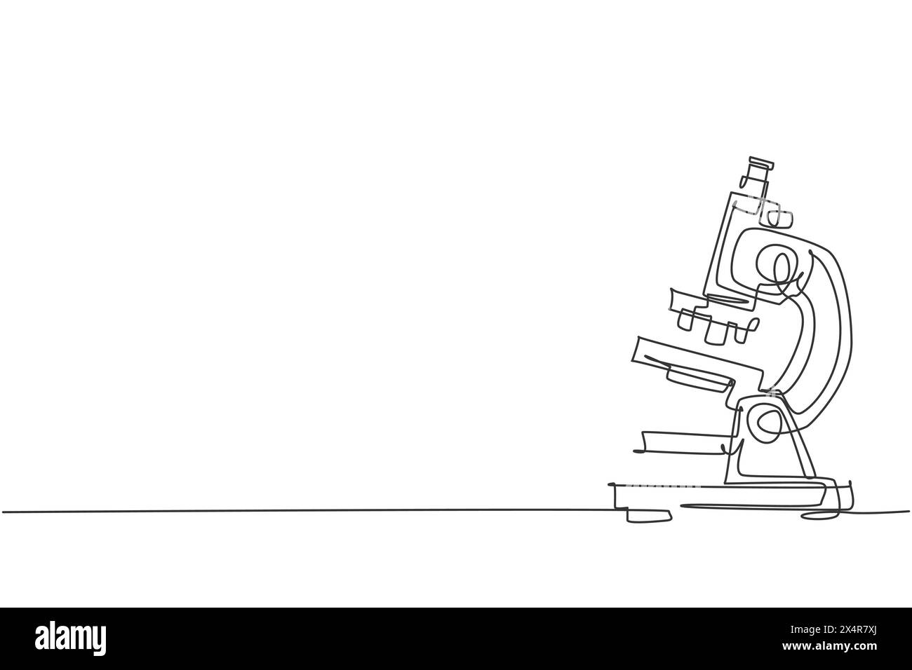 Disegno a una sola linea del microscopio da laboratorio per ingrandire le dimensioni dei batteri sotto la lente. Ritorno a scuola minimalista, concetto educativo. lin semplice continuo Illustrazione Vettoriale