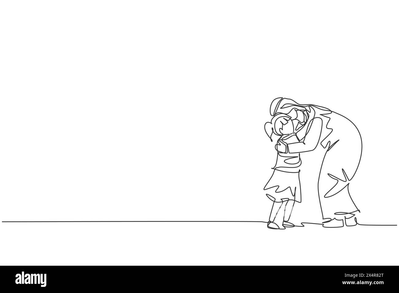 Un disegno su una sola linea del giovane padre arabo abbraccia la figlia prima di andare a scuola all'illustrazione vettoriale mattutina. Felice famiglia musulmana islamica par Illustrazione Vettoriale