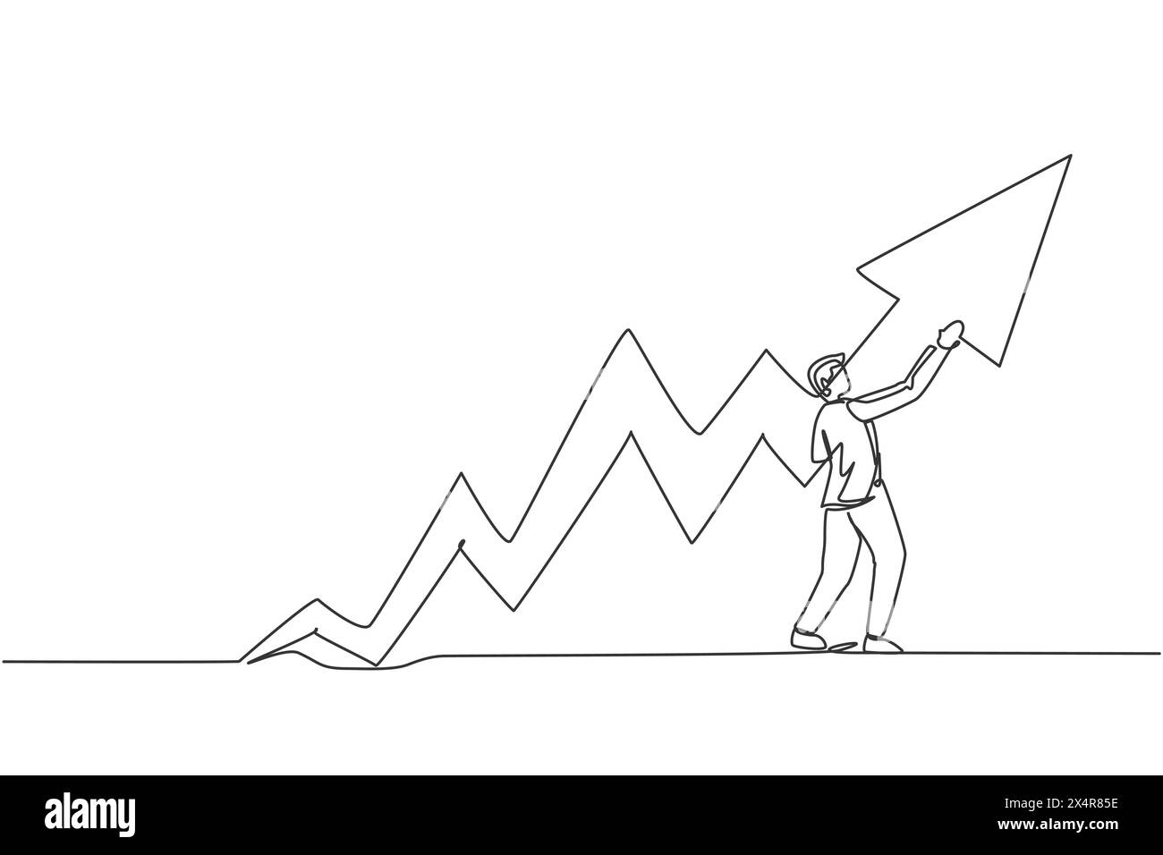 Il disegno continuo su una linea di giovani lavoratori maschi segna l'aumento delle vendite sul grafico del report. Concetto minimalista di Success Business Manager. Alla moda Illustrazione Vettoriale