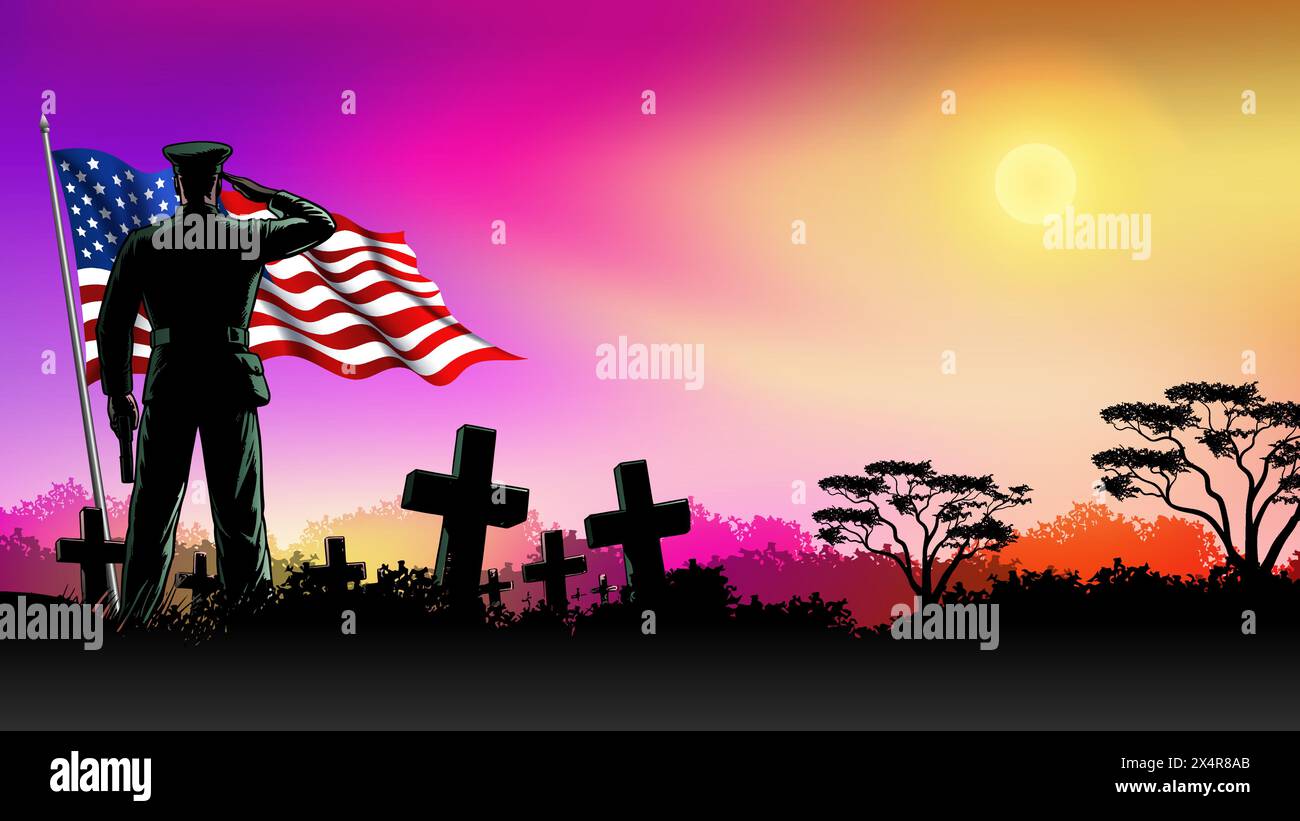 Sfondo del Memorial Day o dell'Independence Day, soldato con lapidi e bandiera degli Stati Uniti al tramonto Illustrazione Vettoriale