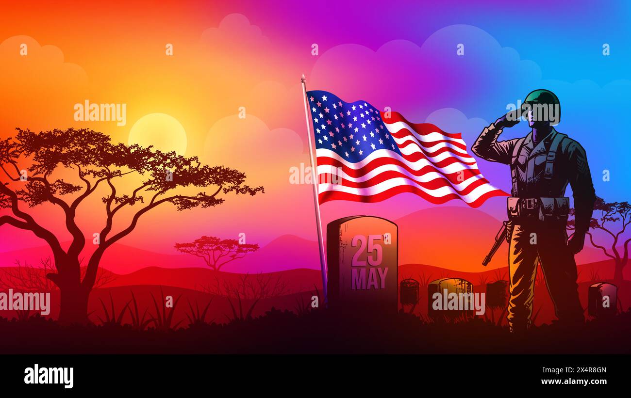 Memorial Day, Veterans Day, Independence Day o Patriot Day. Sagoma dei soldati che saluta la bandiera degli Stati Uniti al tramonto illustrazione vettoriale Illustrazione Vettoriale