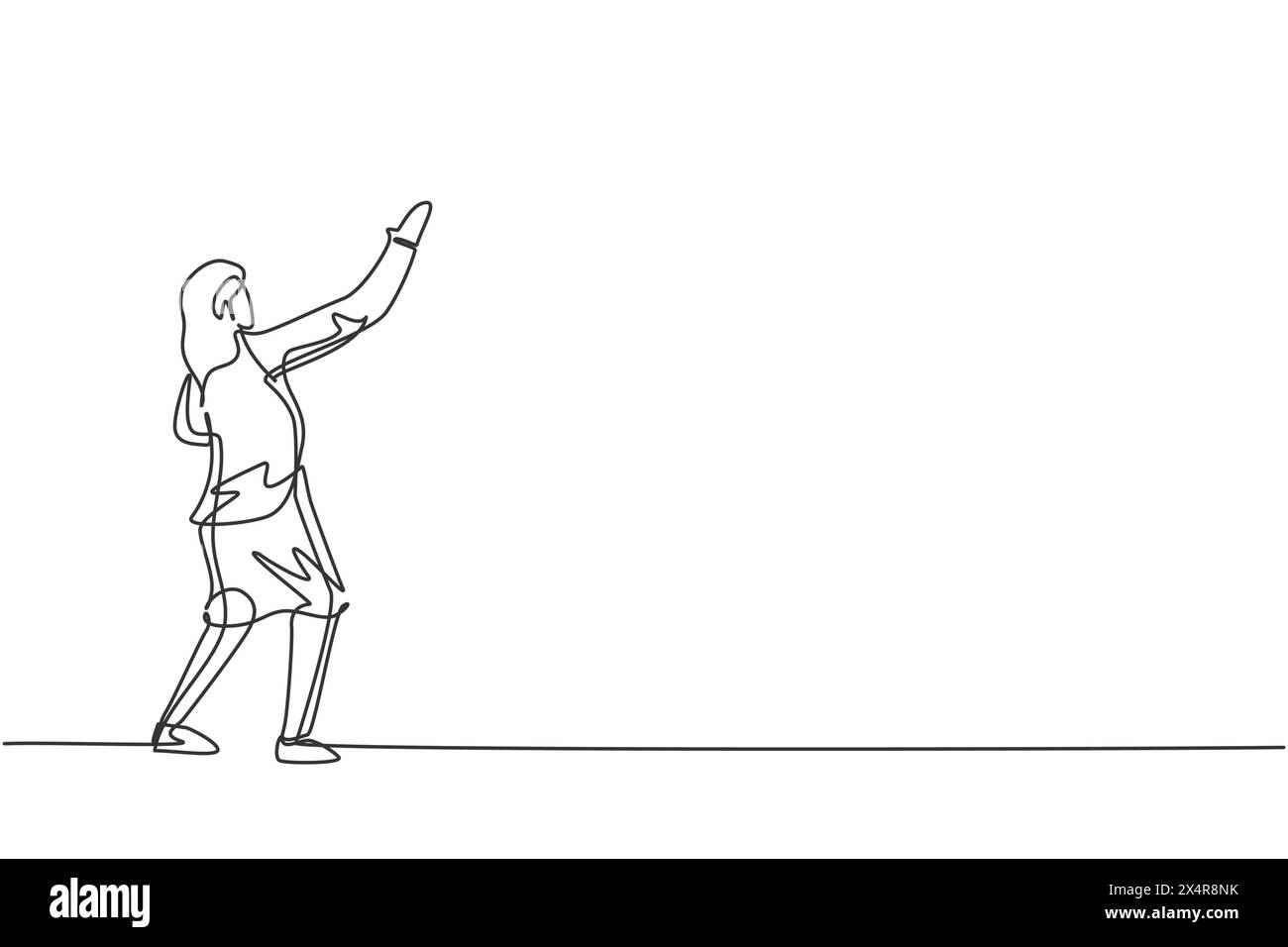 Disegno continuo di una linea di giovane imprenditrice donna che si posa per scrivere un rapporto sulle vendite sul muro. Concetto minimalista di Success Business Manager. Alla moda Illustrazione Vettoriale