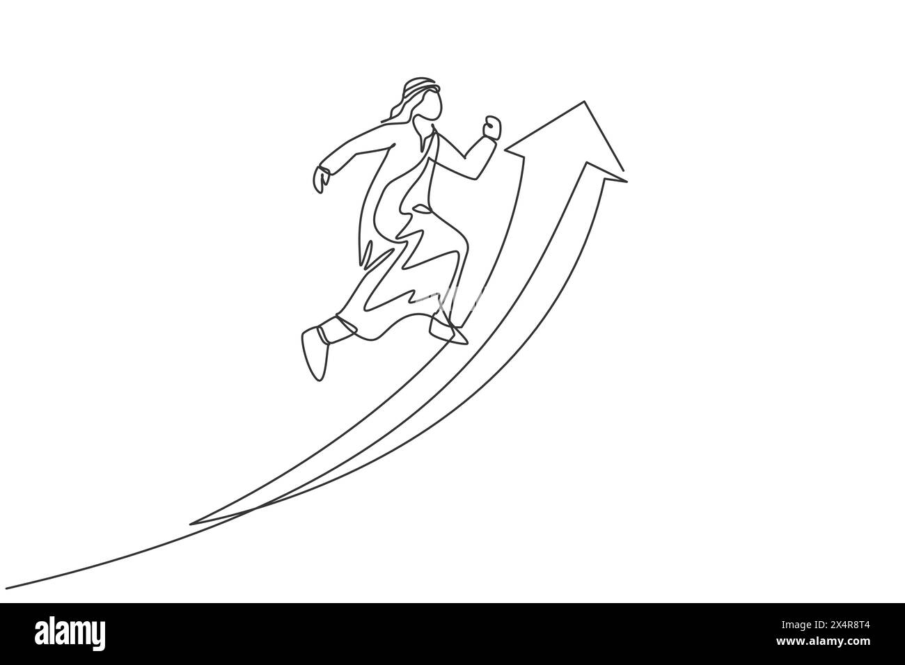 Disegno continuo di una linea di giovani lavoratori arabi che saltano in alto per raggiungere un obiettivo di vendita crescente. Concetto minimalista di Success Business Manager. Si Illustrazione Vettoriale