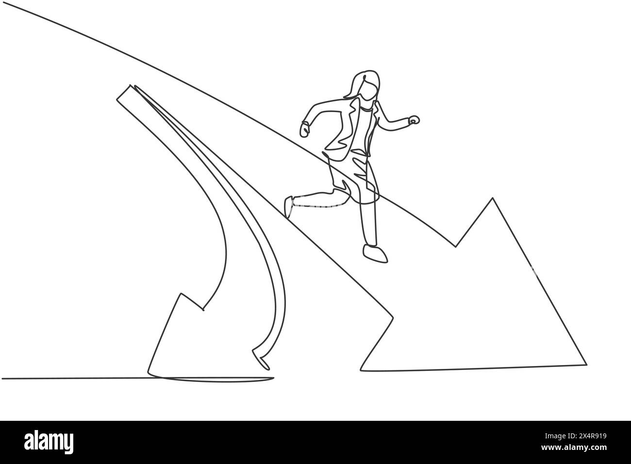 Una sola linea che attira una giovane donna d'affari intelligente che corre su un incrocio e sceglie una strada diritta. Concetto minimo di crescita delle vendite aziendali. Moderno continentale Illustrazione Vettoriale