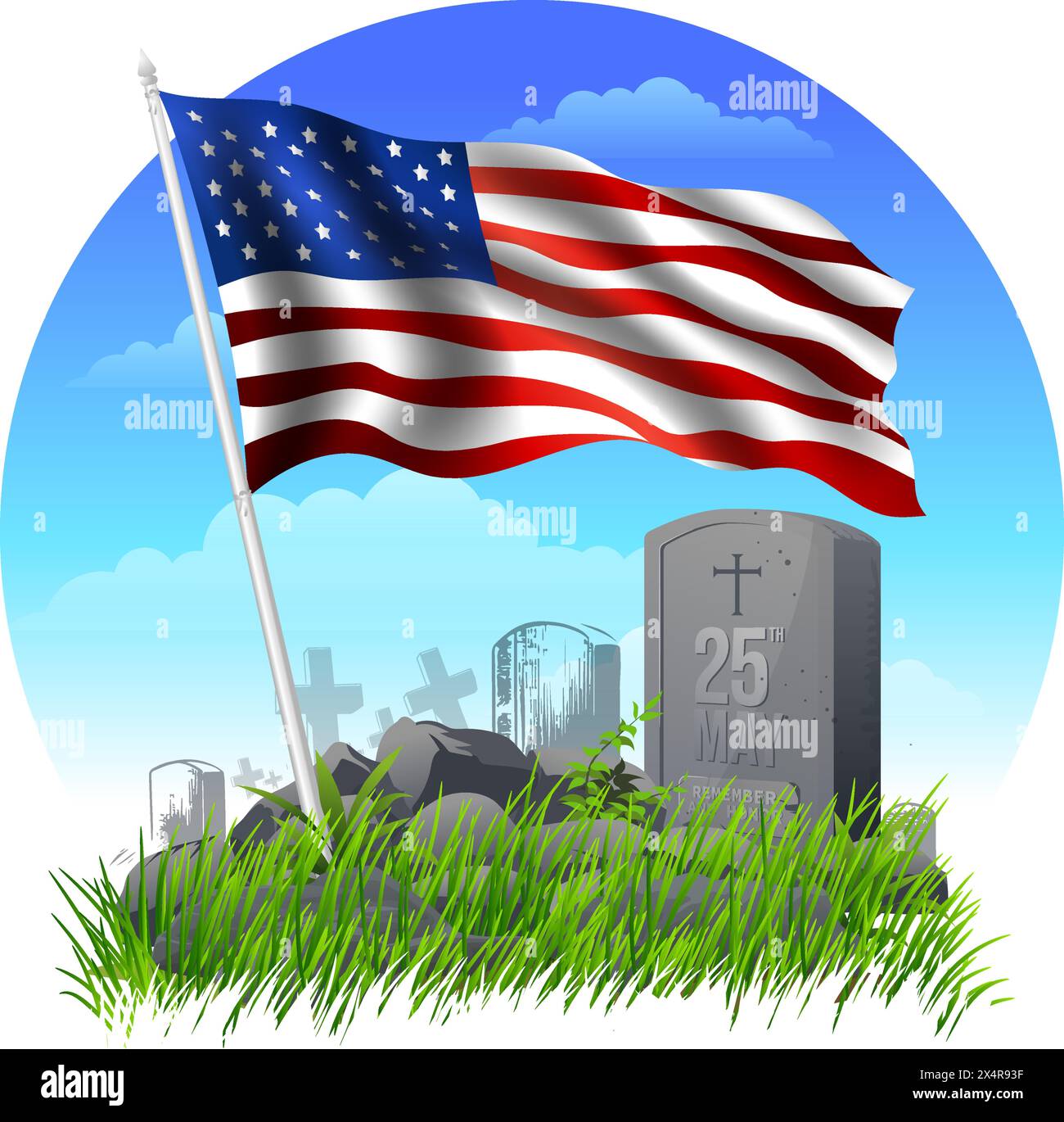 Memorial Day o Veterans Day, sepoltura con lapidi e illustrazione della bandiera USA Illustrazione Vettoriale