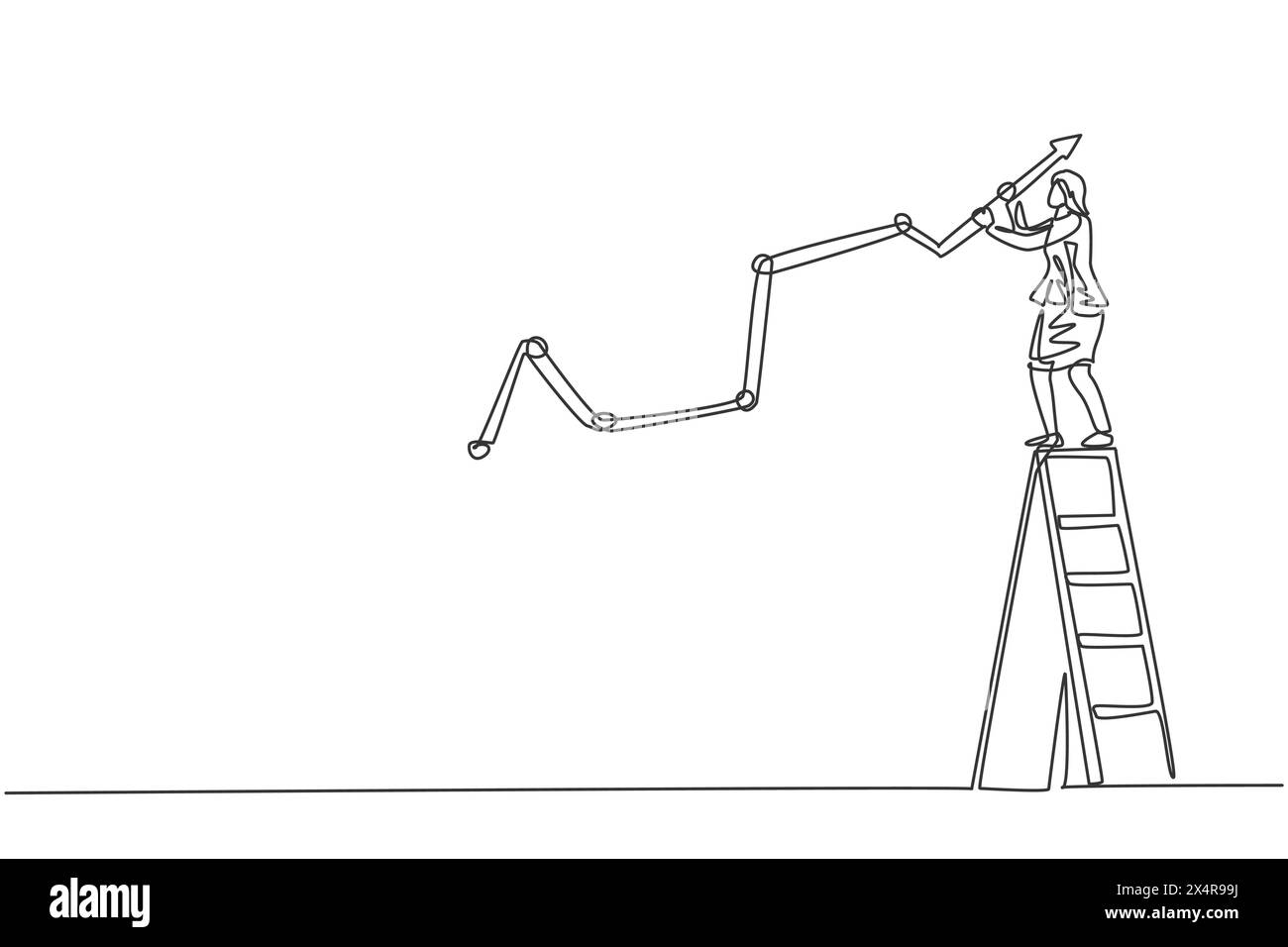 Disegno continuo di una linea di giovani lavoratrici salgono la scala e disegnano il grafico di crescita delle vendite. Concetto minimalista di Success Business Manager. Singola alla moda Illustrazione Vettoriale