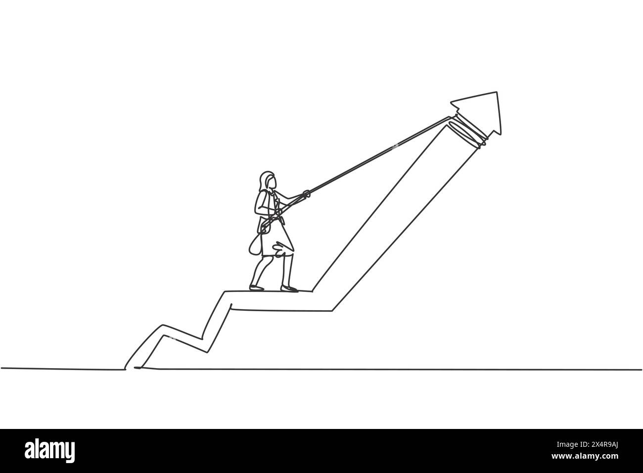 Disegno su una sola riga di una giovane donna d'affari intelligente che tira verso l'alto il simbolo della freccia per aumentare il grafico. Concetto minimo di crescita delle vendite aziendali. Moderno continentale Illustrazione Vettoriale