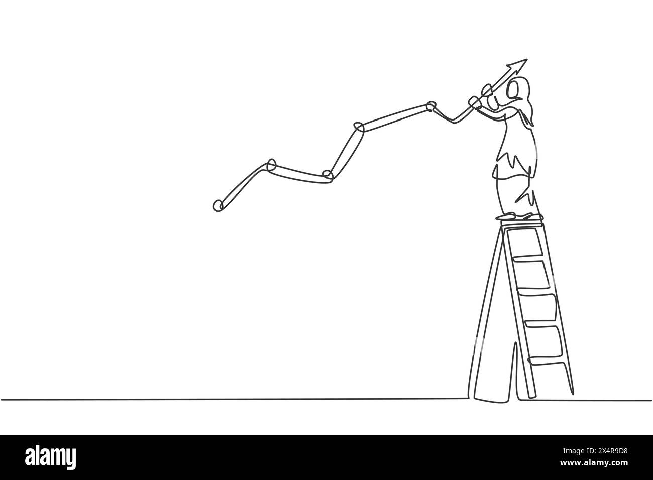 Una linea continua disegnando la giovane lavoratrice araba salire la scala per disegnare il grafico di aumento delle vendite. Concetto minimalista di Success Business Manager. Peccato Illustrazione Vettoriale